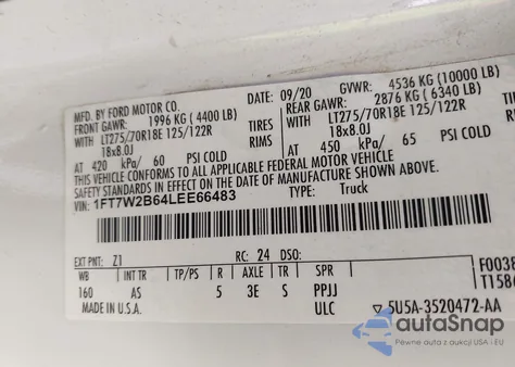 2020 Ford F-250 Xl из США, поврежденный, VIN 1FT7W2B64LEE66483